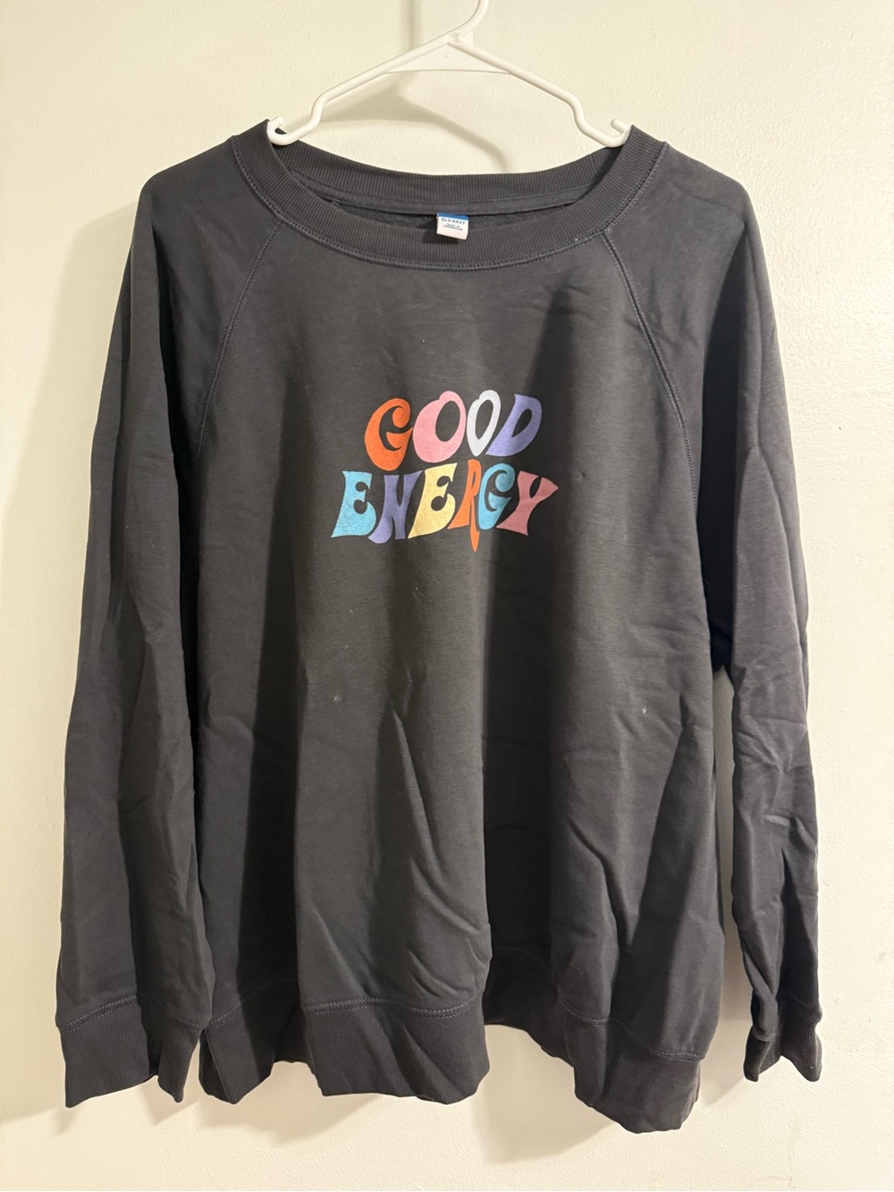 Old Navy Black Sweatshirt with Multicolor "Good Energy" Graphic